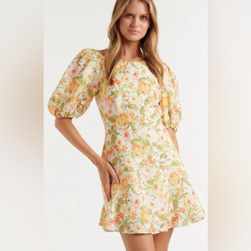 NWT EVERNEW US6. Peach, Coral, Sage, Yellow Linen/Cotton Puff Sleeve Dress